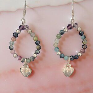 Handmade Sterling Silver Heart Earrings Natural Tourmaline & Swarovski Crystals
